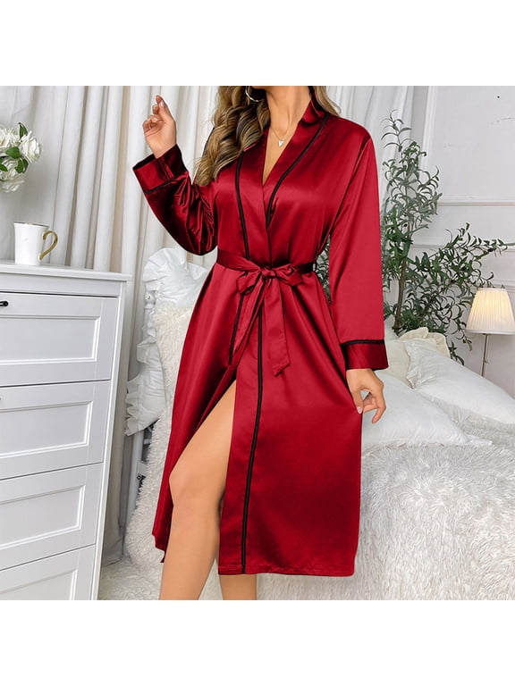 Bathrobe for Women - Long Sleeve, Deep V-Neck, Solid, Polyester