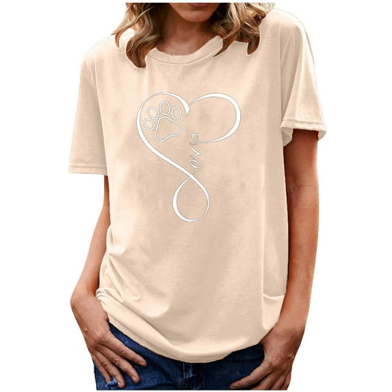 Elvqul Beige Trendy Tops Short Sleeve Crew Neck Womens T Shirts Plus Size Fashion Casual Loose Print Tops