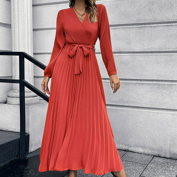 Elvqul Belted Dresses for Women A Line Slim Dress Pleated V Neck Winter House Red Womens Maxi Dress Long Sleeve