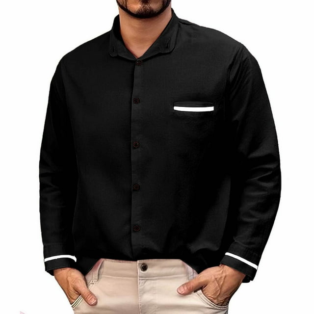 Elvqul Big and Tall Shirts Men Button up Cotton Linen Collared Long Sleeve Black Solid Color Loose Shirts