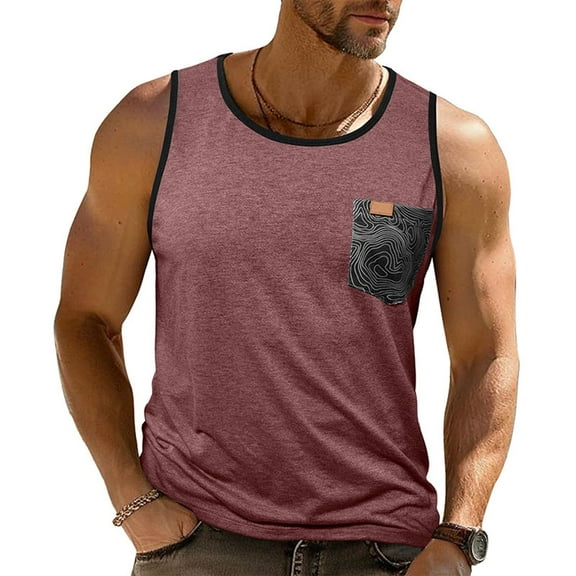 Elvqul Big and Tall T-Shirts for Men Red Tank Tops Print with Pocket Crew Neck Gym Sleeveless Mens Shirts Pullover