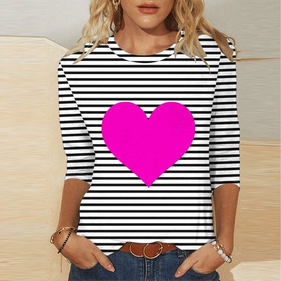 Elvqul Black Blouses for Women Love Print Crew Neck Tops Comfy Ladies T-Shirts 3/4 Sleeve Blouses