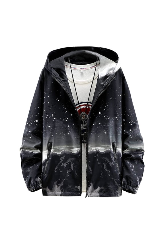 Black Mens Jackets Fashion Hooded Big and Tall Print Coat Zipper Winter Long Sleeve Sweatshirts Pockets Shirts