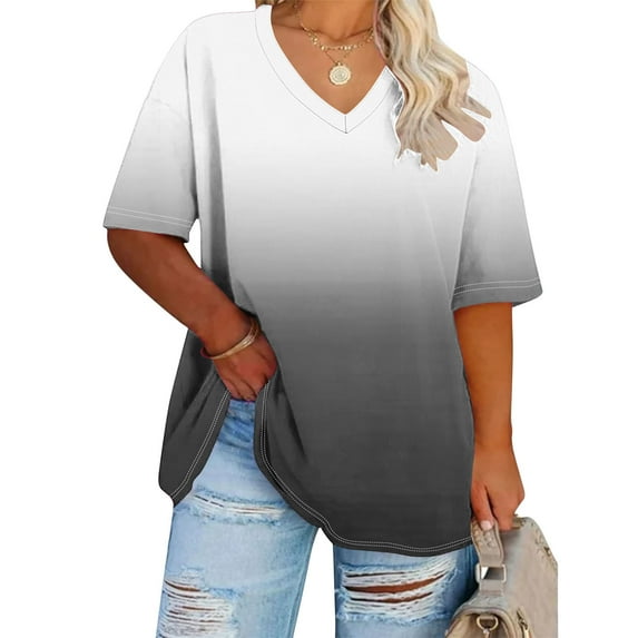 Elvqul Black Plus Size Tops Short Sleeve V-Neck Womens Oversized Tee Shirts Gradient Print Oversized Tops