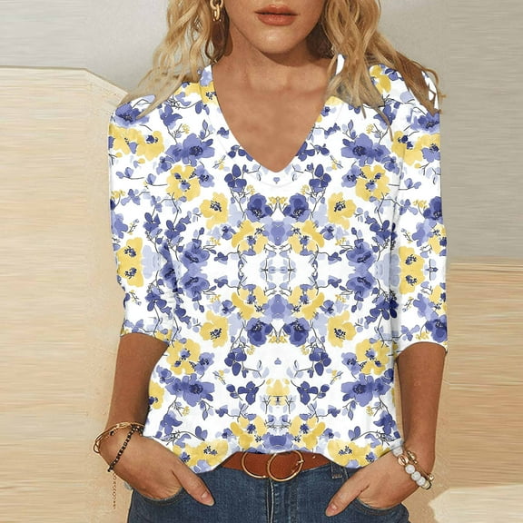 Elvqul Blouses for Women 3/4 Sleeve Pullover Shirts Spring Casual V Neck Ladies Blouses Floral