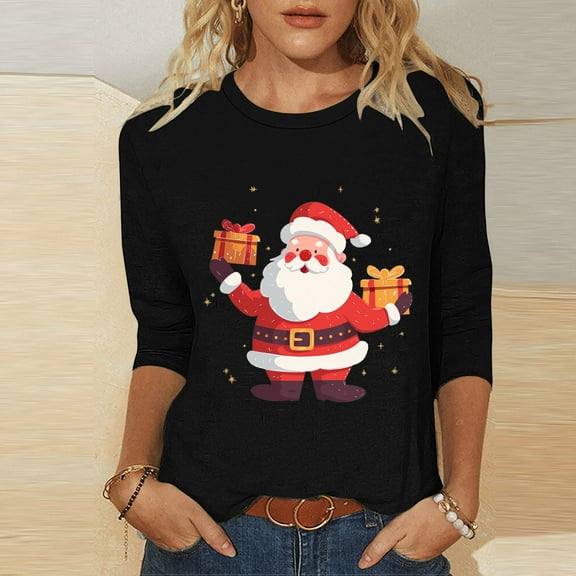 Elvqul Blouses for Women 3/4 Sleeve T Shirts Fashion Crewneck Graphic Christmas Pullover Womens Tops Red