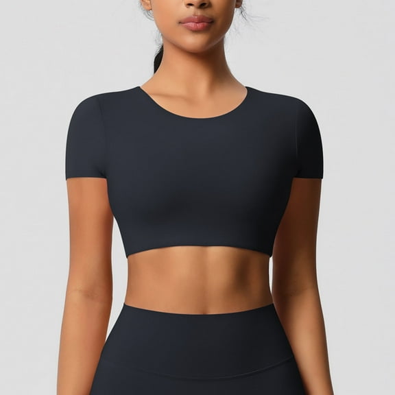 Elvqul Blouses for Women Active Shirts Black Pullover Short Sleeve Summer Solid Color Ladies Tops Crew Neck