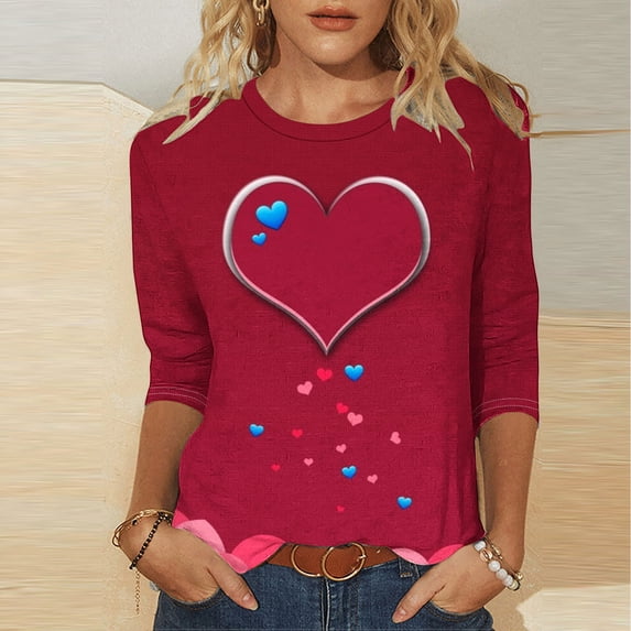 Elvqul Blouses for Women Fashion Crew Neck Tops Love Print Wine Young Adult T-Shirts 3/4 Sleeve Blouses