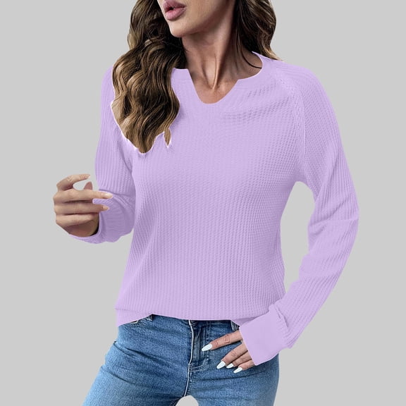 Elvqul Blouses for Women Long Sleeve Shirts Pullover Stylish V Neck Solid Womens Blouses Ribbed Cuffs