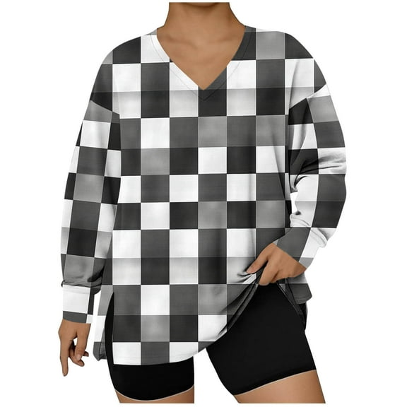 Elvqul Blouses for Women Long Sleeve Shirts V-Neck Versatile Pullover Ribbed Cuffs Womens Blouses Plaid