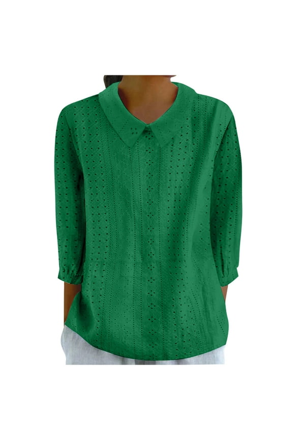 Blouses for Women Plus Size Womens Tops Collared Pull on Fall Solid Green 3/4 Sleeve Pullover Shirt