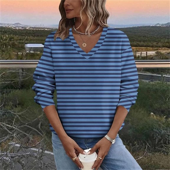 Elvqul Blouses for Women Ribbed Cuffs Shirts Long Sleeve Loose Fit V-Neck Pullover Womens Blouses Striped
