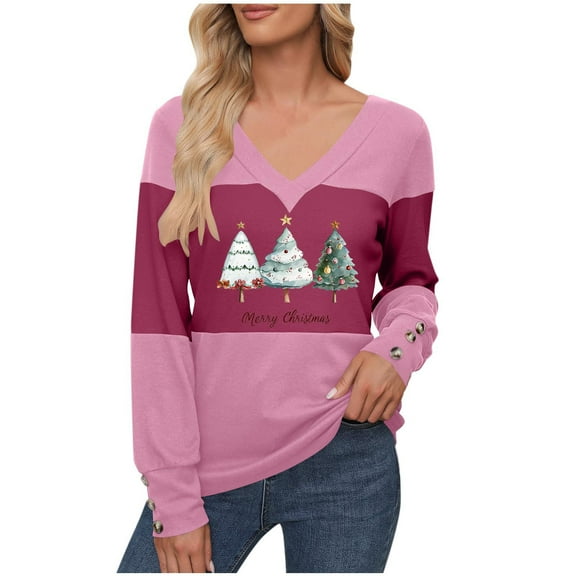 Elvqul Blouses for Women Shirts Hot Pink Pullover Printed Long Sleeve Christmas Fashion Womens Tops V-Neck