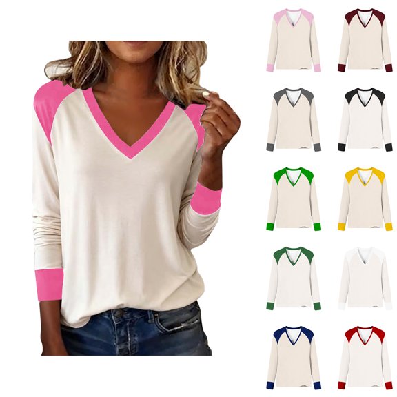 Elvqul Blouses for Women V Neck Shirts Long Sleeve Cold Weather Ribbed Cuffs Color Block Womens Blouses Pullover