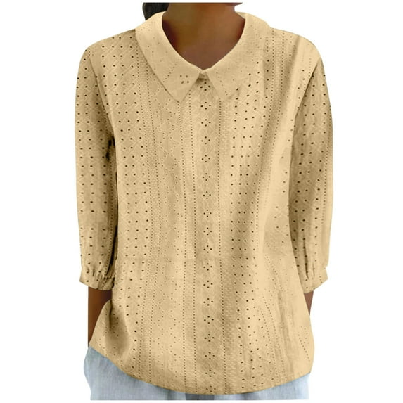 Elvqul Blouses for Women Womens Shirts Yellow Summer Solid Pullover Collared 3/4 Sleeve Pull on Shirt