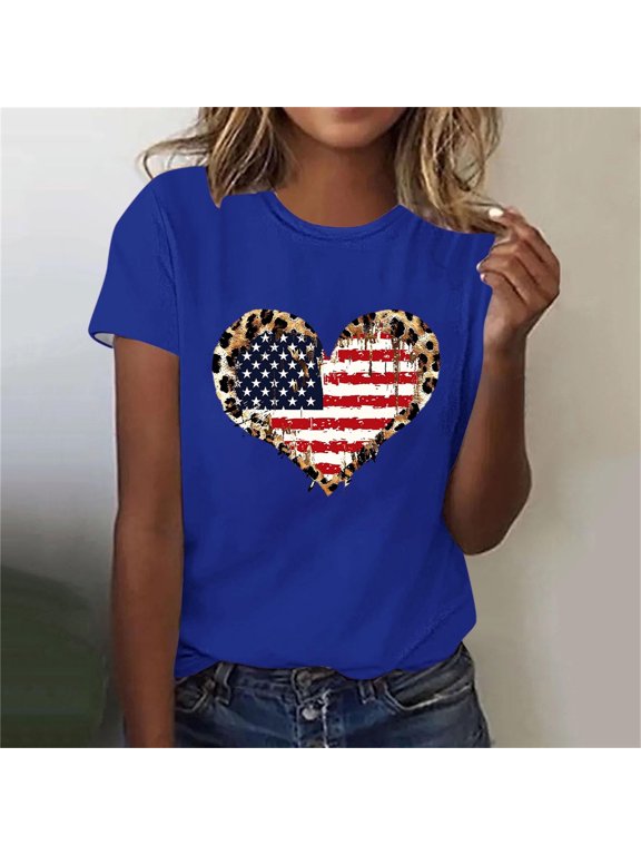 Blue Shirts for Women 4th of July Independence Day Tops American Flag Pullover Round Neck Eagle Womens T Shirts Patriotic