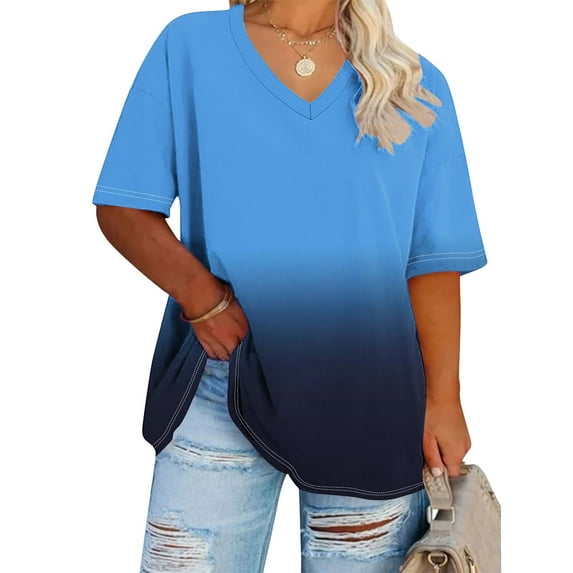 Elvqul Blue Tops for Women Plus Size V-Neck Short Sleeve T Shirts for Women Gradient Print Oversized Tops
