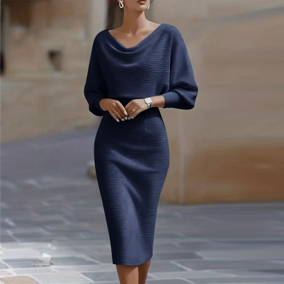 Elvqul Boat Neck Knee-Length Dresses for Women Summer Dresses Long Sleeve Pullover Plain Navy Tunic s A-Line Dresses Slim