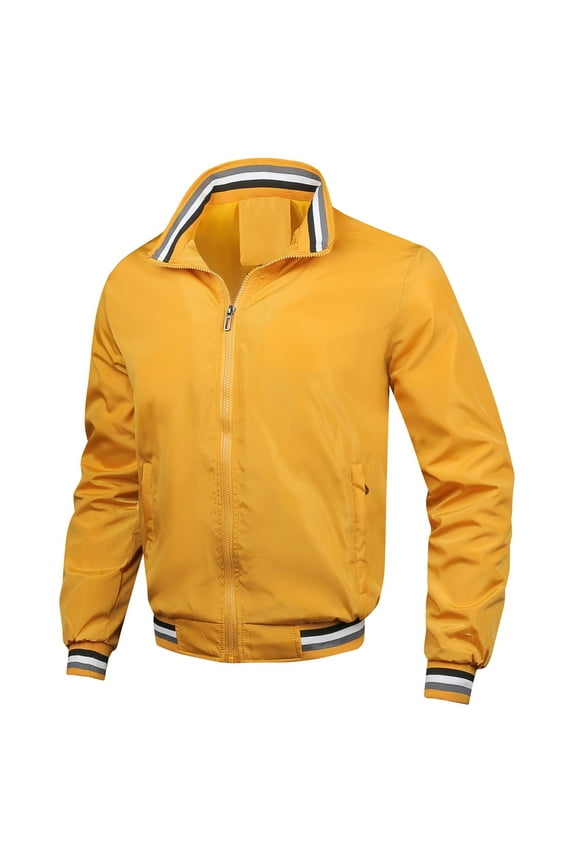 Bomber Jackets Men Winter Big Yellow Solid Zipper Jackets Collared Long Sleeve Coat Lightweight Pockets Shirts