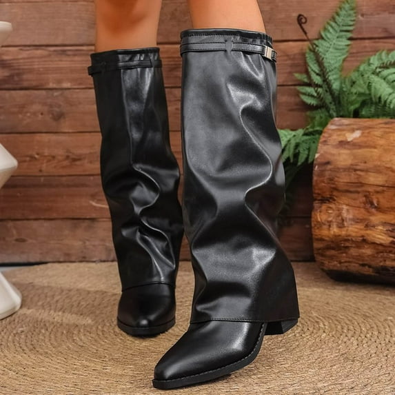 Elvqul Boots for Women,Footwear for Women,Knee High Low Heel Winter Tall Fall Black,Size 7
