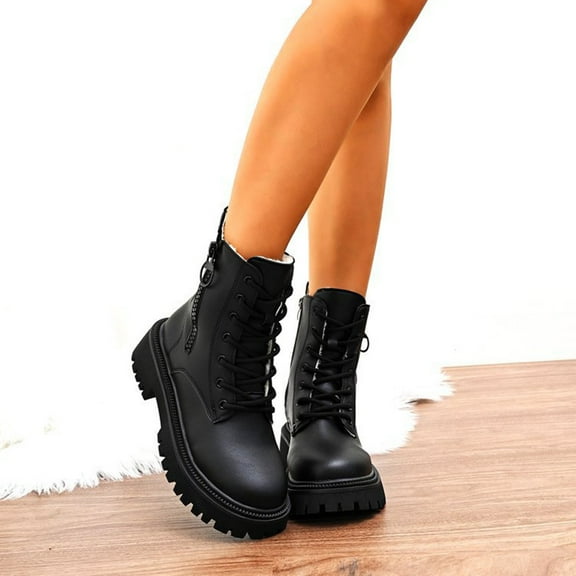 Elvqul Boots for Women,Womens Shoes,Fall Winter Lace up Low Heel Mid-Calf Black,Size 7.5