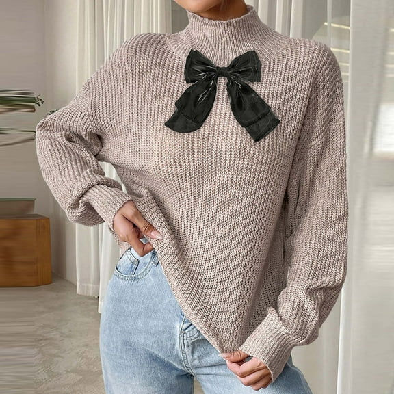 Hipattires Bow Print Sweaters for Women Thickness Knit Pullover Winter Work Sweaters Tops Thick Warm Shrink-to-Fit Womens Blouse Beige