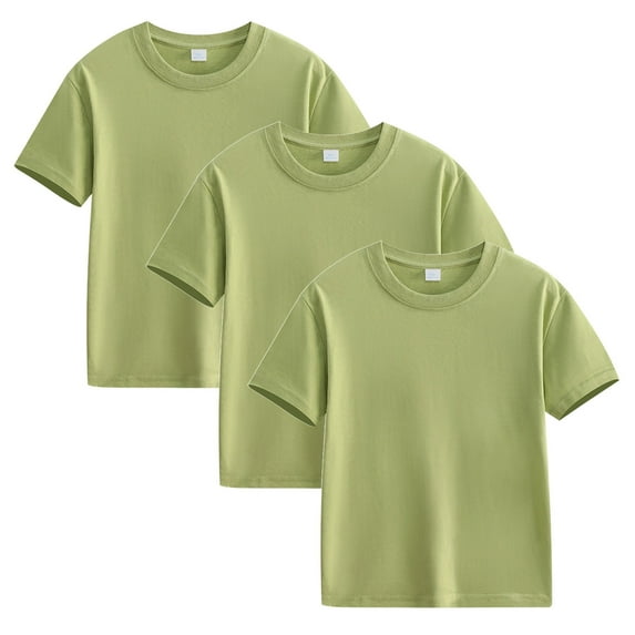 Elvqul Boys Shirts Plain Crew Neck School Cotton Short Sleeve Green 3 Pack T-shirts for Boys