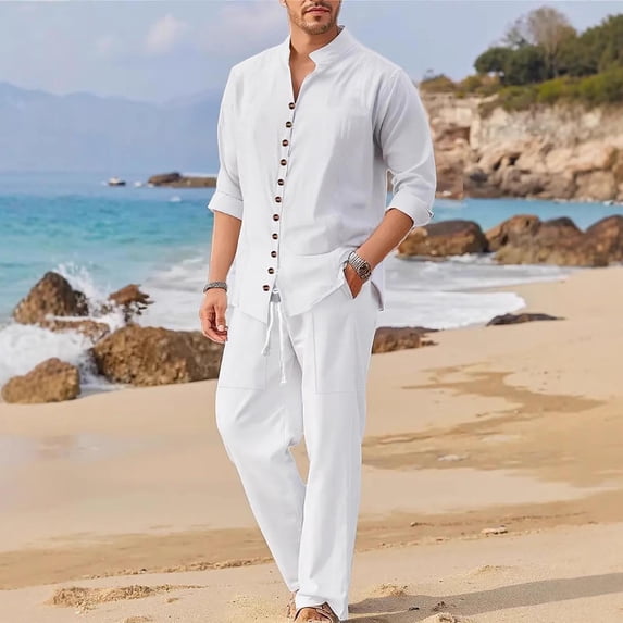 Elvqul Button Down 2 Piece Set for Men Long Sleeve Outfits Solid V Neck Pockets Mens Top and Pants Basic