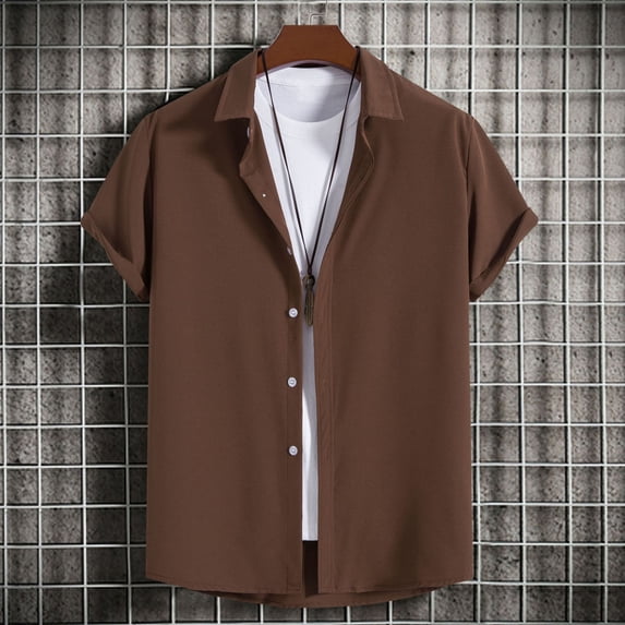 Elvqul Button Down Shirts for Men Polo Summer T-Shirt Plain Classic Fashion Short Sleeve Collared Mens Tee Brown