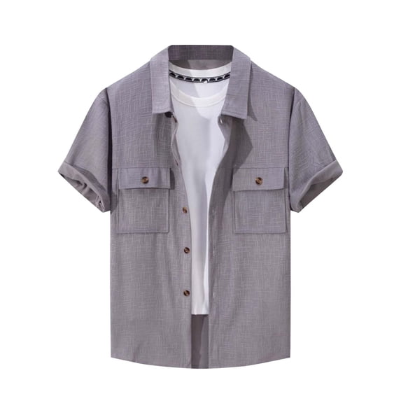 Elvqul Button Down Shirts for Men Short Sleeve T-Shirt Pocket Summer Quick Dry Classic Solid Collared Mens Tee Gray