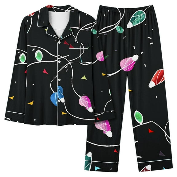 Elvqul Button up Pajamas for Women Loungewear Christmas Christmas Tree Tops and Pants Long Sleeve Casual Black Christmas Ladies Pajamas Set 2-Piece