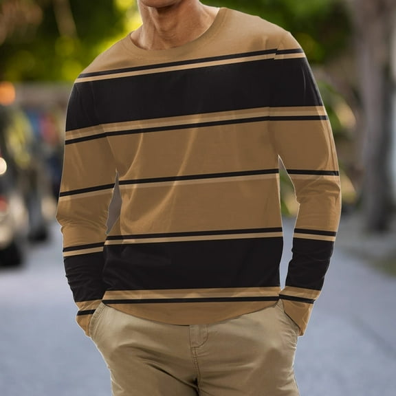 Elvqul Button up Shirts for Men Long Sleeve Lightweight Brown Big and Tall Comfort T Shirts Striped Crew Neck Shirts