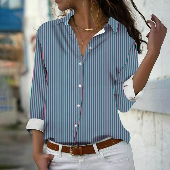 Elvqul Button up Shirts for Women Long Sleeve Plus Size Blouses for Women Collared Striped Hot Pink Fall Shirt