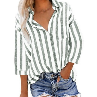 Elvqul Button up Shirts for Women Tops for Women Summer Striped Collared Army Green 3/4 Sleeve Shirt