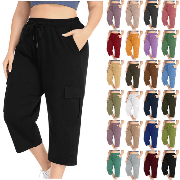 Zorckvet Womens Plus Size Capris with Pockets Summer Soft Baggy Casual Elastic Waist Cargo Pants Purple Size 2XL