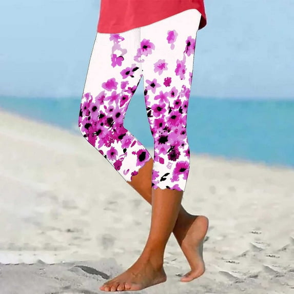 Elvqul Capris Pants for Women Pull on Seamless Casual Comfy Elastic Waist Yoga Purple Capris