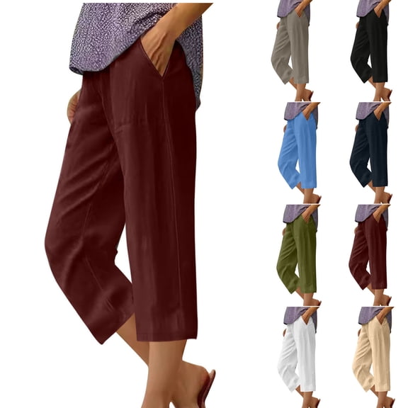 Elvqul Capris Pants for Women on Sale Wine Womens Pants Plus Size Pockets Elastic Cropped Summer Pants
