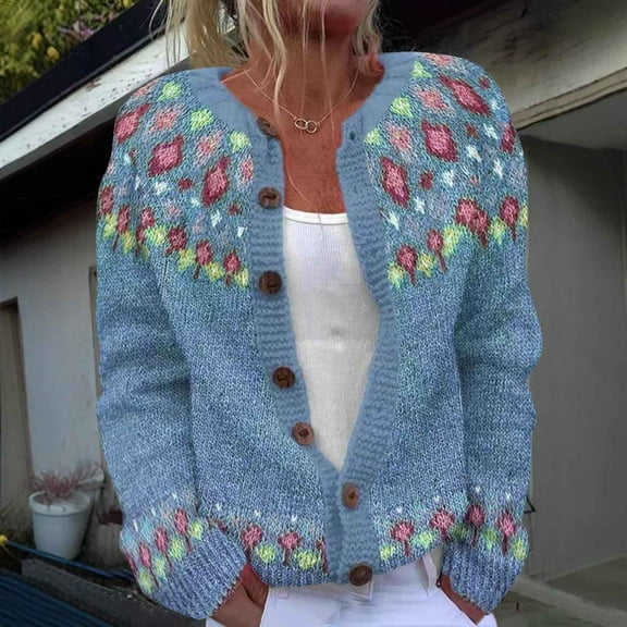 Royisotas Womens Button Down Sweaters Plus Size Light Blue Cardigan Knit Printed Winter Long Sleeve Sweater Tops for Women