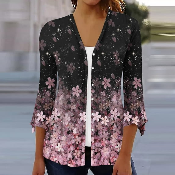 Elvqul Cardigans for Women Soft Fashion 3/4 Sleeve Sweater Women Floral Button up Loose Fit Open Front Outwear Hot Pink Tops