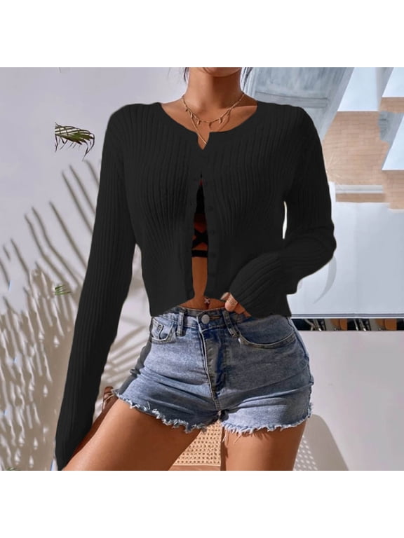 Cardigans for Women Soft Long Sleeve Button up Cropped Sweater Women Black Fashion Outwear Open Front Tops
