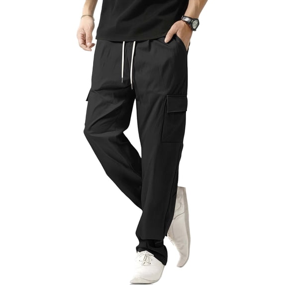 Elvqul Cargo Pants with Multi Pockets Long Pants for Men Lightweight Straight Leg Drawstring Tactical Pants Elastic Waist Work Outdoor Hiking