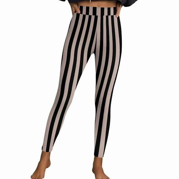 Elvqul Casual Leggings Pants for Women Striped Beige Pants Workout High Waist Stretch Womens Leggings Athletic