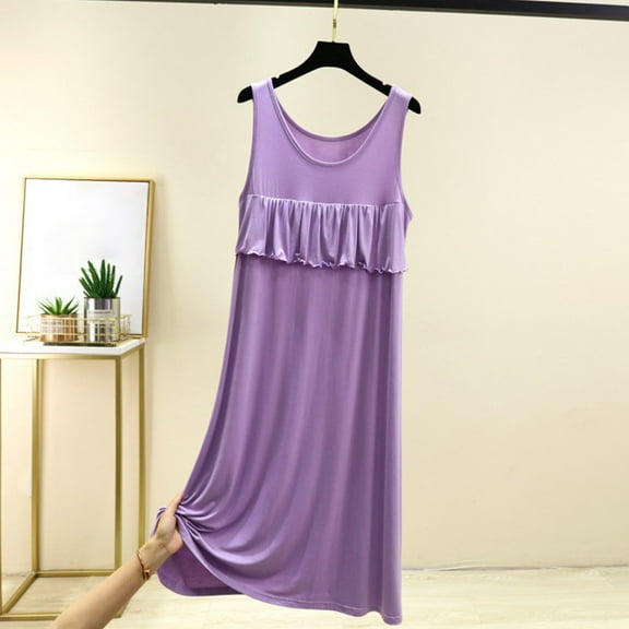 Royisotas Casual Nightgowns for Women Crew Neck Sleeveless Pajamas Cotton Comfortable Loose Juniors Sleepwear Solid Color