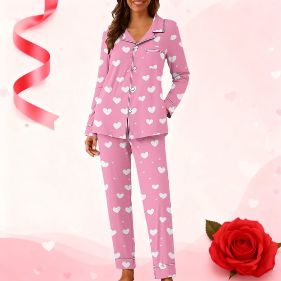 Elvqul Casual Pajamas for Women Pullover Plus size Nightwear Collared Valetines Button Up Girlfriends Loungewear 2 pc set