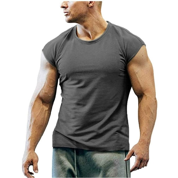 Elvqul Casual Tank Tops for Men Solid Dark Gray Shirts Gym Design Sleeveless Crew Neck Cotton Mens T-Shirts Stylish