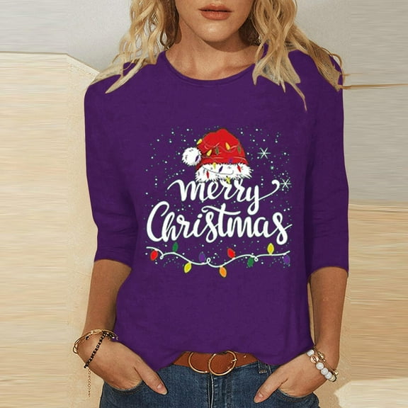 Elvqul Christmas Shirts for Women Plus Size Tops 3/4 Sleeve Cute Graphic Purple Vacation Juniors Shirts Pullover