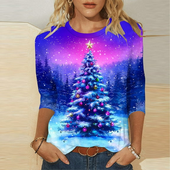 Elvqul Christmas Tops for Women Pullover T Shirts Party 3/4 Sleeve Cute Loose Crewneck Purple Womens Blouses