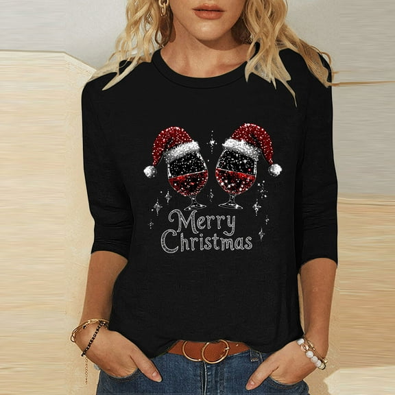 Elvqul Christmas Tops for Women T Shirts 3/4 Sleeve Pullover Funny Crewneck Dressy Womens Blouses Loose