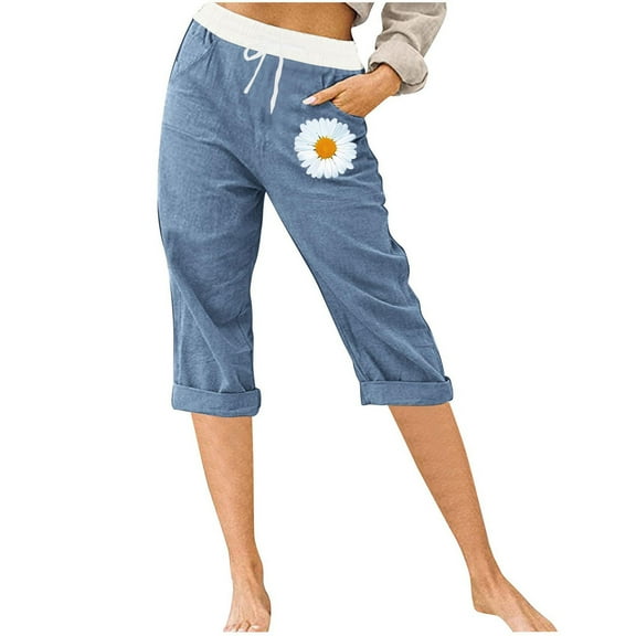 Elvqul Capris for Women Plus Size Blue Pants for Women With Pockets Summer Crop Casual Pants