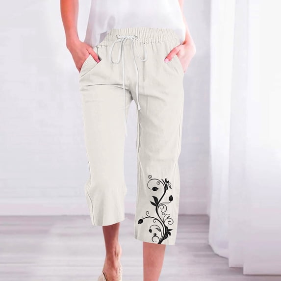 Elvqul Capris for Women Plus Size Stretchy Drawstring Elastic Casual Straight Pockets White Capris